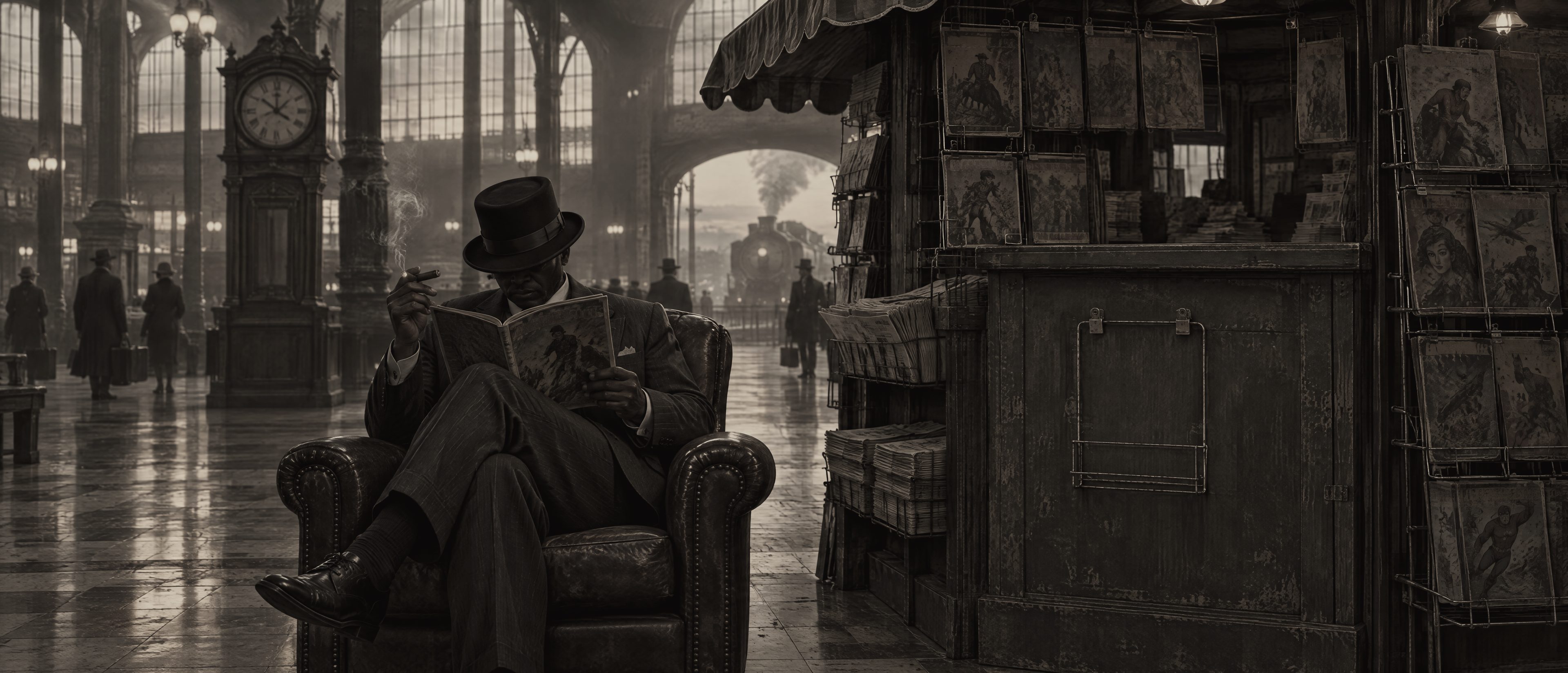 An old train station. A man in a top hat reads in a leather chair beside a newsstand; one comic on the stand glows in full color.